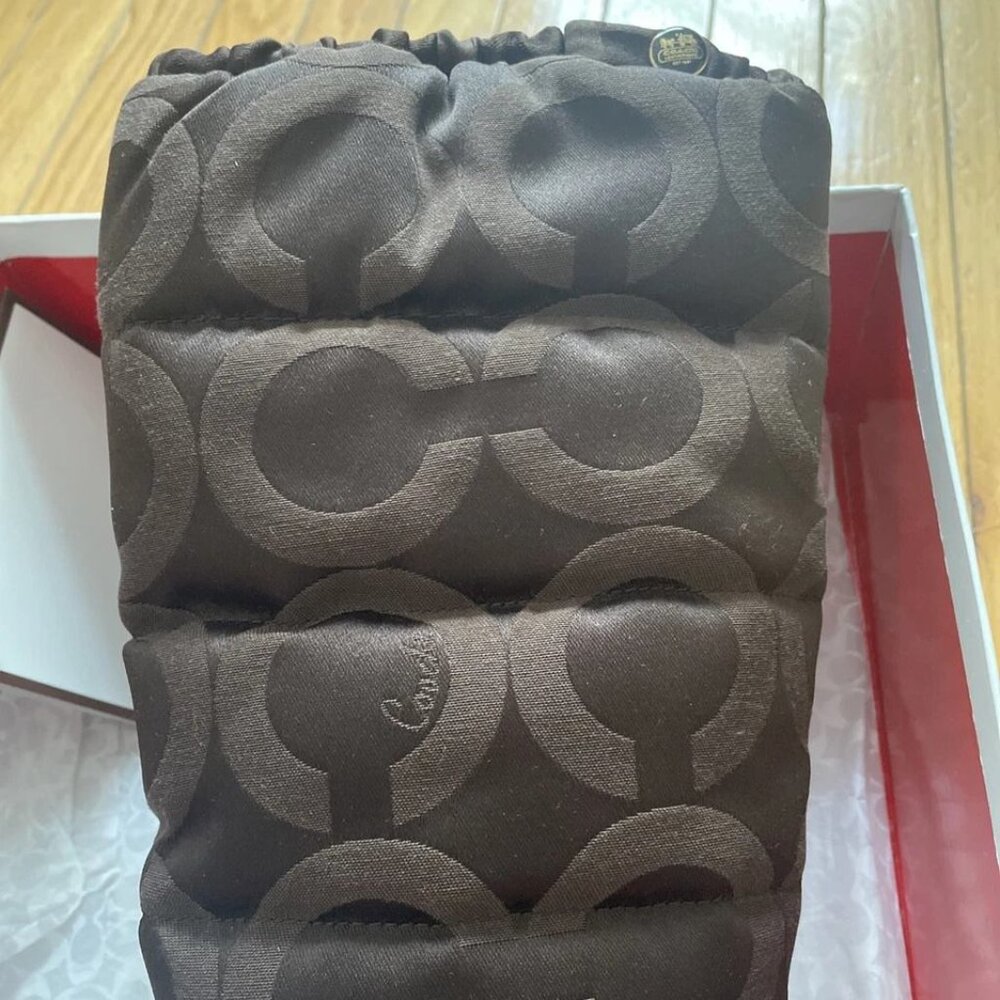 COACH Loryn Rain Boots Quilted High Heel Brown Logo Fabric SZ 5 1/2 - in box - Picture 4 of 14